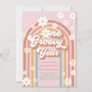 Ett Groovy Year Boho Daisy Rainbow 1 Birthday Inbjudningar