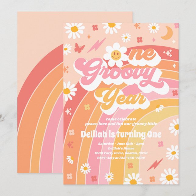 Ett Groovy Year Peace Kärlek Party Rainbow Birthda Inbjudningar (Fram/baksida)