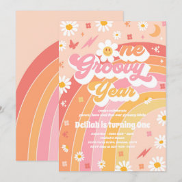 Ett Groovy Year Peace Kärlek Party Rainbow Birthda Inbjudningar
