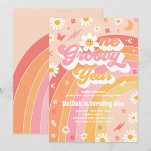 Ett Groovy Year Peace Kärlek Party Rainbow Birthda Inbjudningar
