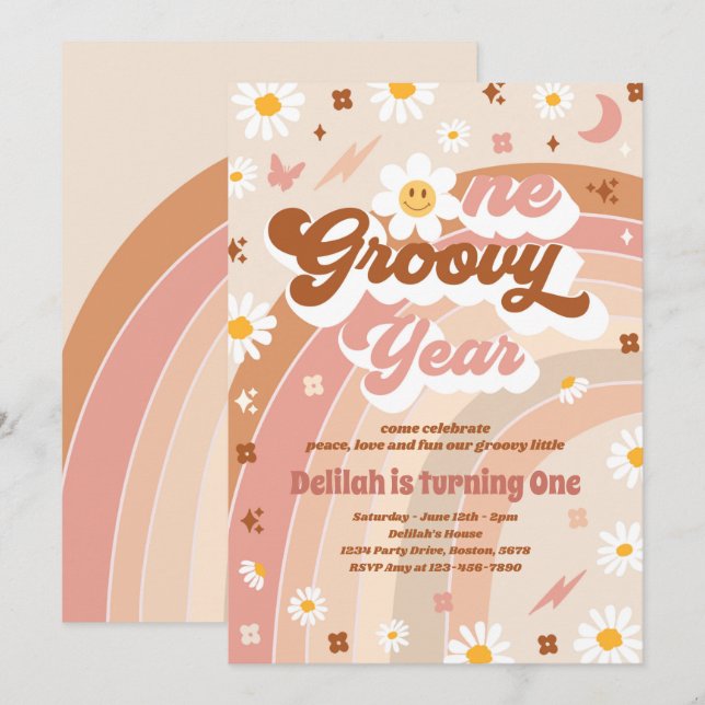 Ett Groovy Year Peace Kärlek Party Rainbow Birthda Inbjudningar (Fram/baksida)