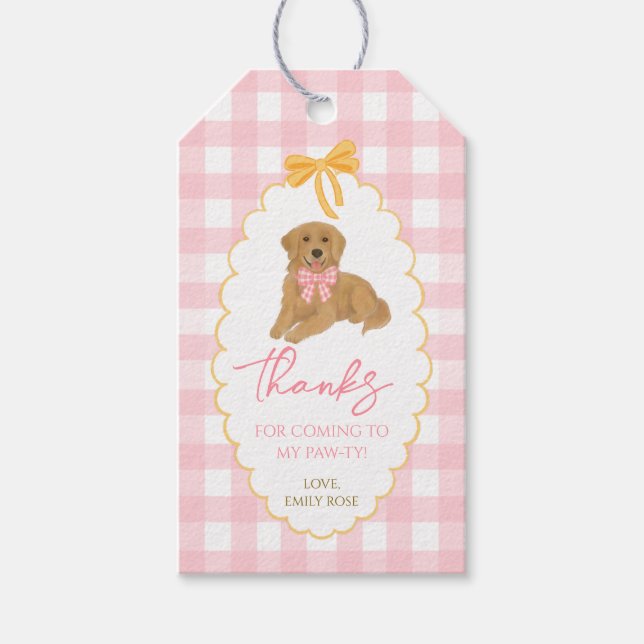 Ett gyllene år Rosa Gingham Golden Retriever Presentetikett (Framsidan)