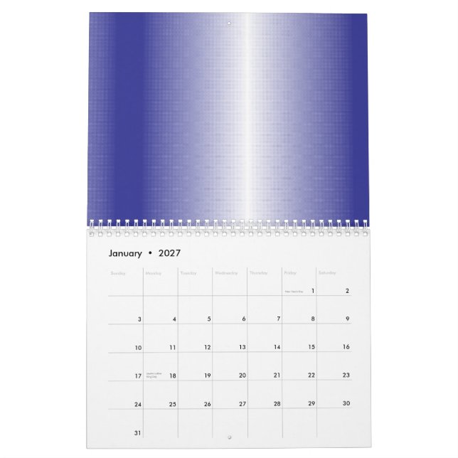 Ett hårt blått geometriskt mönster med symmetrisk kalender (Jan 2027)
