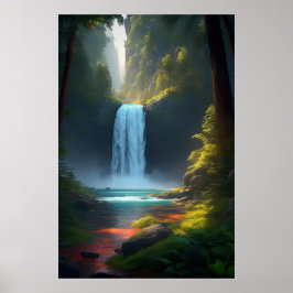 Ett högt vattenfall i Quiet Forest Poster