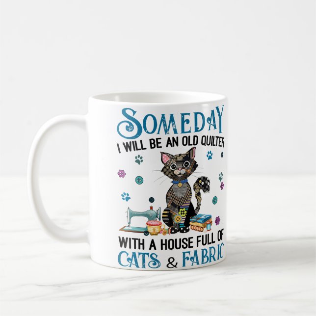 Ett hus fullt av katter och quiltningstyg kaffemugg (Vänster)