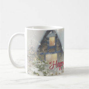 Ett hus med Julgran och ett stängsel Kaffemugg