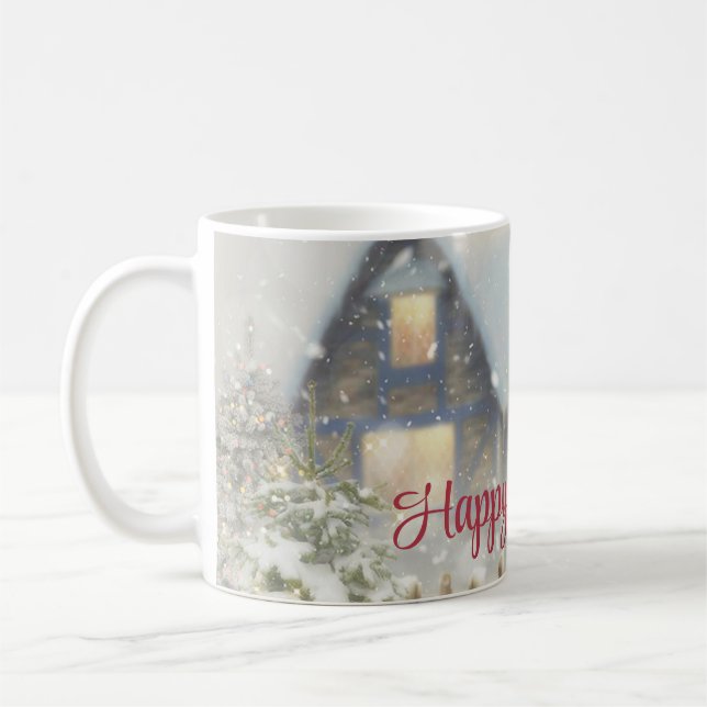 Ett hus med Julgran och ett stängsel Kaffemugg (Vänster)