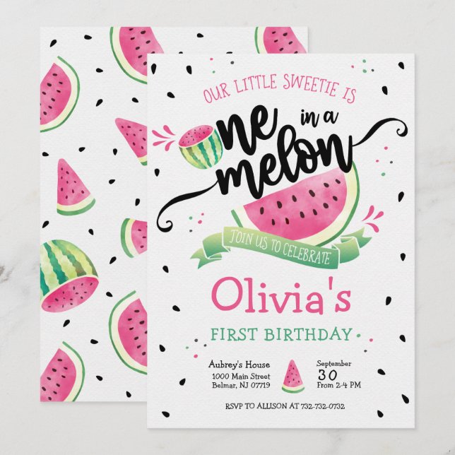 Ett i en melon Flickas första födelsedagsinbjudan Inbjudningar (Fram/baksida)