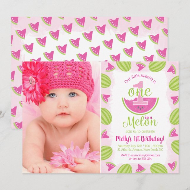 Ett i Melon 1:a födelsedagans vattenfärgsfoto Inbjudningar (Fram/baksida)