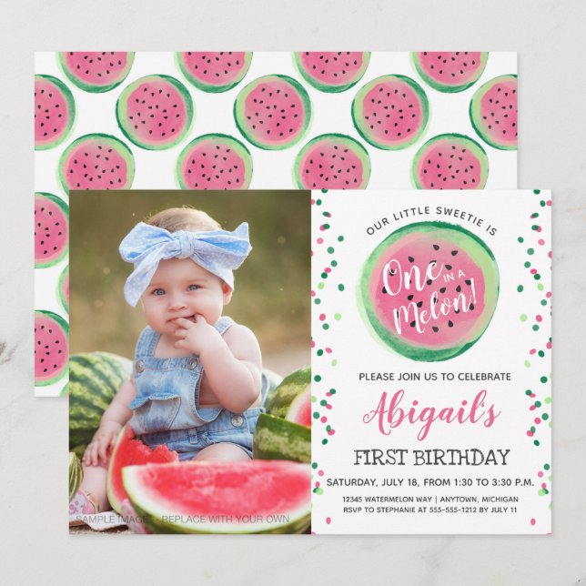 Ett i Melon Confetti Photo 1st Birthday Party Inbjudningar (Fram/baksida)