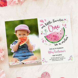 Ett i Melon First Birthday Watermelon Photo Inbjudningar