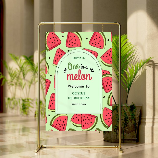 Ett i Melon Sommar 1:a födelsedag Poster (One in a Melon Summer Watermelon 1st Birthday Welcome Sign   )