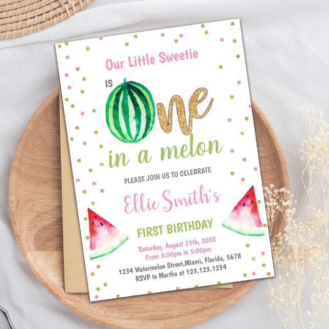 Ett i Melon Summer Party-kort för flickor Inbjudningar (Watermelon Invitation, Watermelon Birthday Invitation)