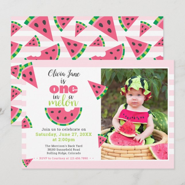 Ett i Melon Watermelon Baby 1:a födelsedagsfoto Inbjudningar (Fram/baksida)