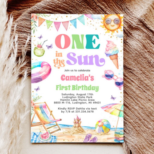 Ett i Sol Sommarens första födelsedag Party Inbjudningar (One in the Sun Summer 1st Birthday Beach Party Invitation)