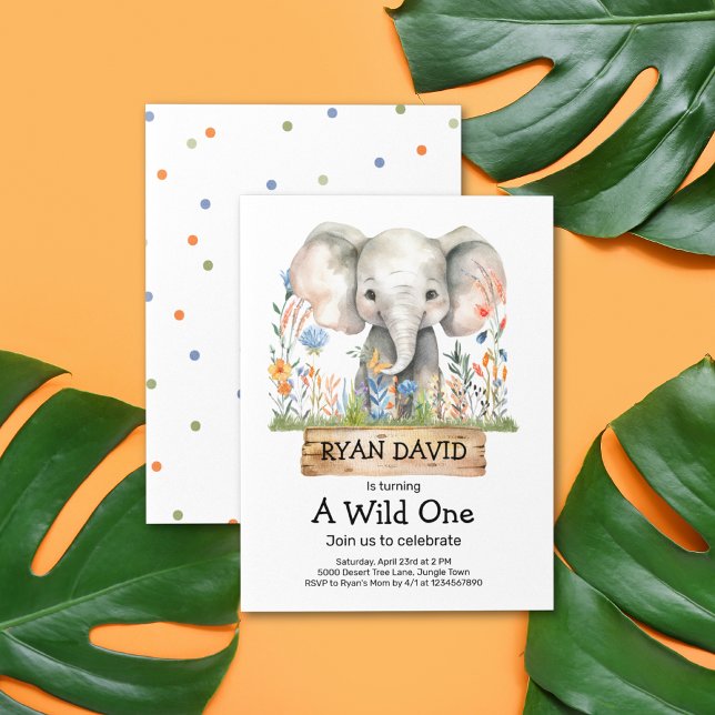 Ett inbjudningsorgan för Vild ett Inbjudningar (Safari Jungle Watercolor Elephant Orange Blue Flowers Dot Pattern Wild One 1st Birthday Invitation)