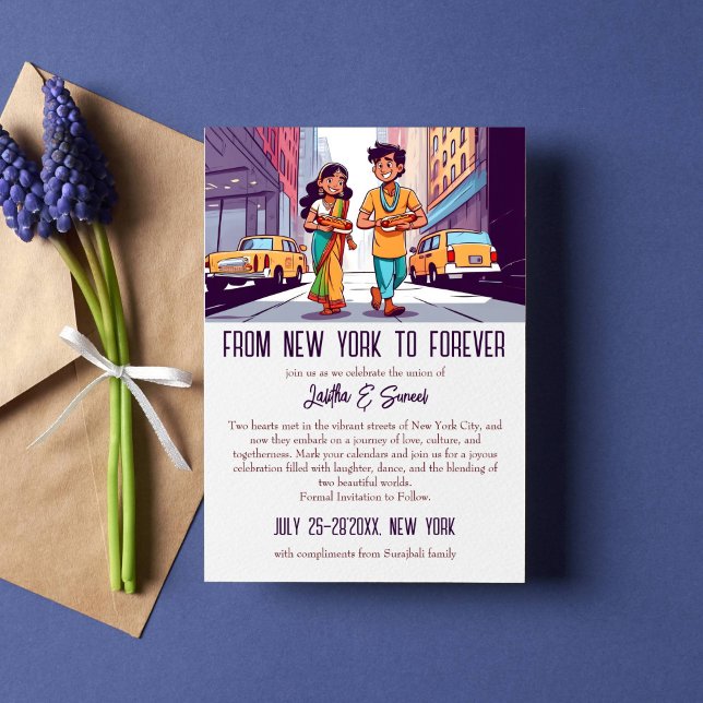 Ett indiskt par i New York sparade datumet Inbjudningar (Indian wedding funny save the date template invitation couple with hot dogs in street of New York)