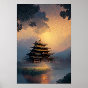 Ett japanskt tempel i Evening Light Poster