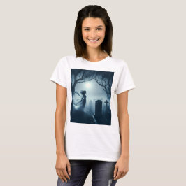 ett kvinnligt spöke i en vit klänning framför t shirt