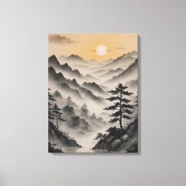 ett landskap av berg med träd och dimma canvastryck