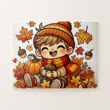 Ett leende barn som håller en akorn på hösten