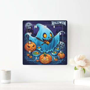 Ett lekfullt Halloween-spöke med pumpor på natten Fyrkantig Klocka