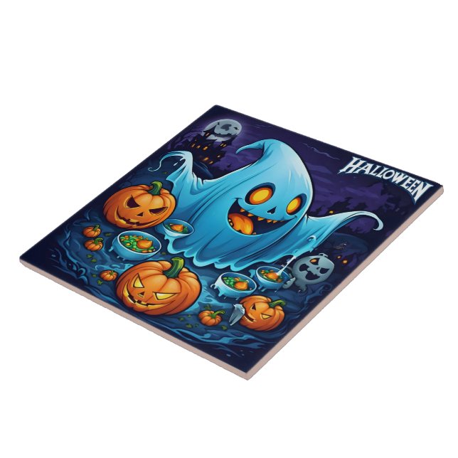 Ett lekfullt Halloween-spöke med pumpor på natten Kakelplatta (Sidan)