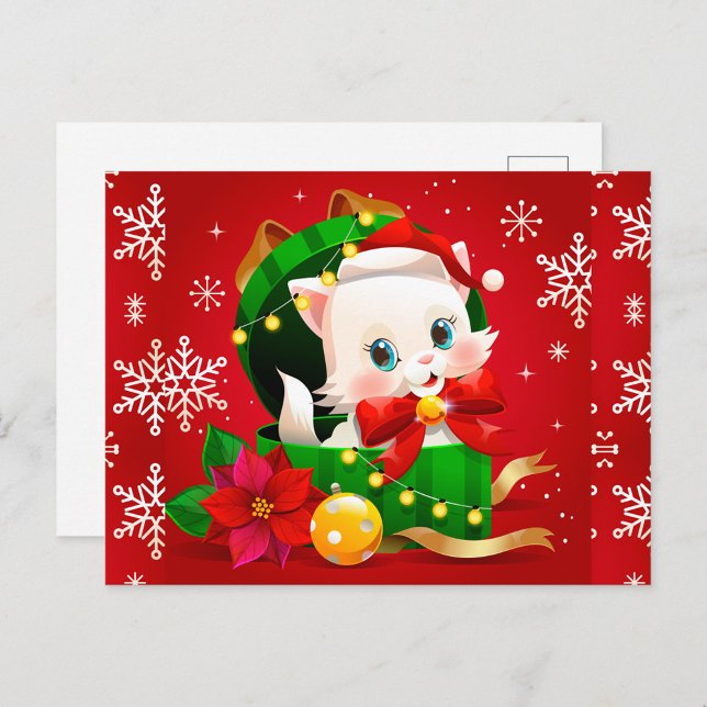 Ett lekfullt kattunge vykort (A joyful kitten expression and the shimmering ornaments around it. )