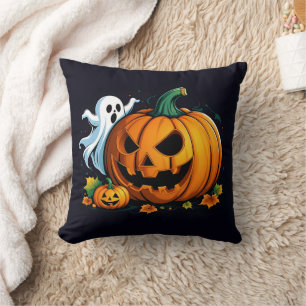Ett lekfullt spöke och en skuren pumpkin för Hallo Kudde