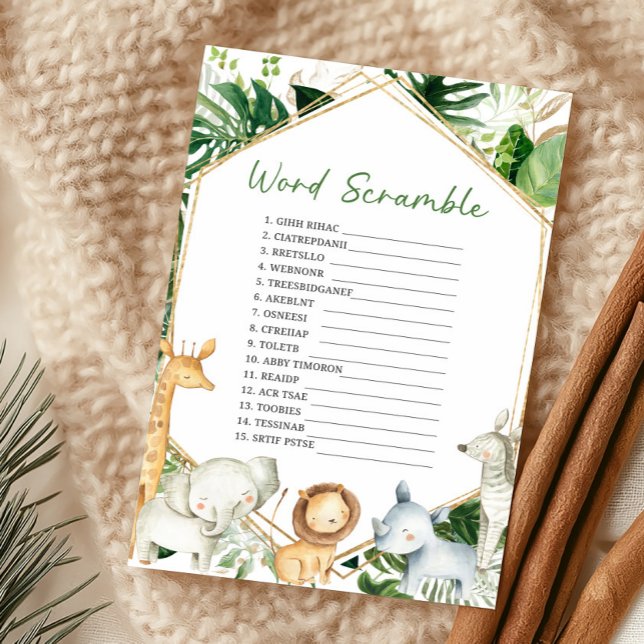 Ett lite vilt ettordskaosspel (Greenery Jungle Baby Shower  Word Scramble Game)