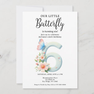 Ett litet Butterfly 6e Birthday Cute Number-tecken Inbjudningar