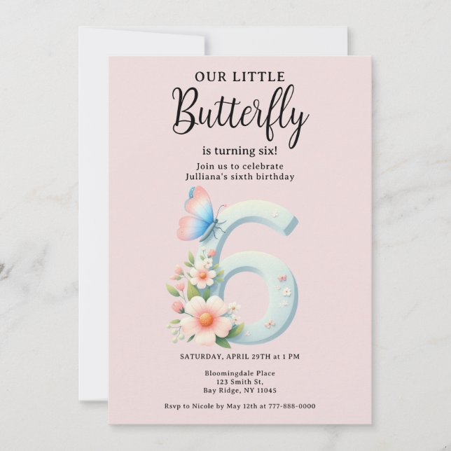 Ett litet Butterfly 6e Birthday Cute Number-tecken Inbjudningar (Framsida)