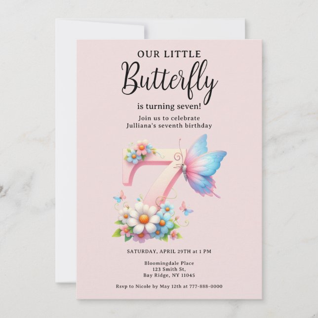 Ett litet Butterfly 7:e Birthday Cute Number-tecke Inbjudningar (Framsida)