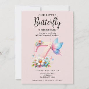 Ett litet Butterfly 7:e Birthday Cute Number-tecke Inbjudningar