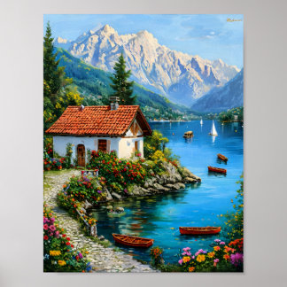 Ett litet hus i närheten av ett berg-sjö poster