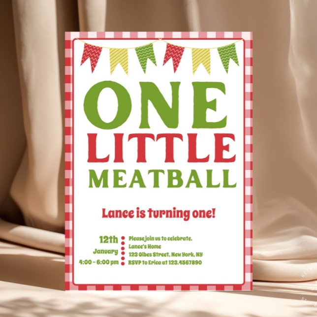 Ett litet köttbull Första födelsedagsinbjudan Inbjudningar (One Little Meatball First Birthday Invitation | Italian Theme Birthday Party | Red & Green Pasta Par)
