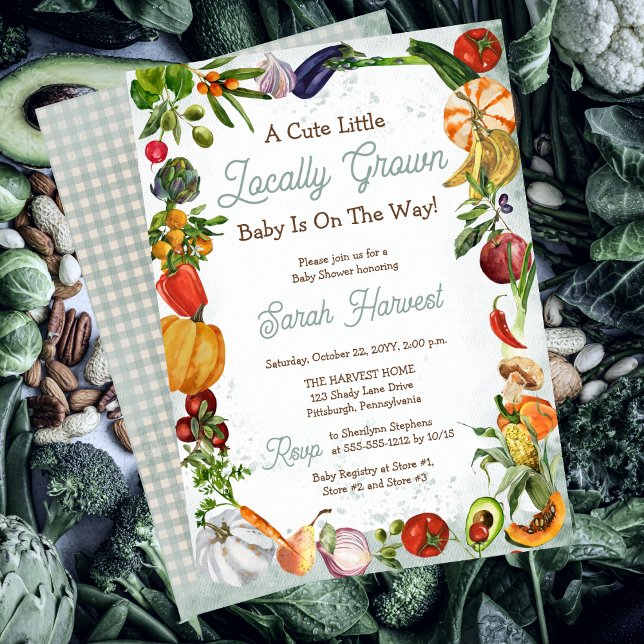 Ett litet lokalt odlat Baby är på väg att skugga Inbjudningar ("A Cute Little Locally Grown Baby Is On The Way!" Boy Baby Shower Invitation)