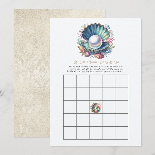 Ett litet pärlformat kustinspirerat bingospel för  inbjudningar (Fram/baksida)