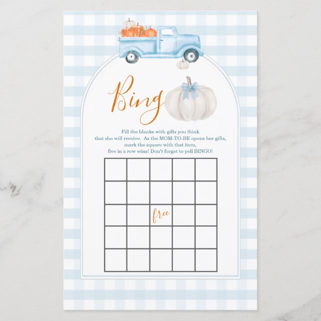 Ett litet Pumpkin Blue Lastbil Gingham Bingo Game (Framsida)
