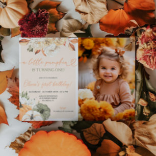 Ett litet Pumpkin-foto höstfödelsedag Inbjudningar