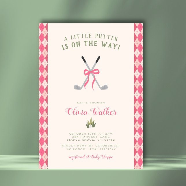 Ett litet Putter Golf-tema Preppy Rosa Argyle-flic Inbjudningar (Sweet golf theme with a girly twist. Preppy argyle back for extra charm.)
