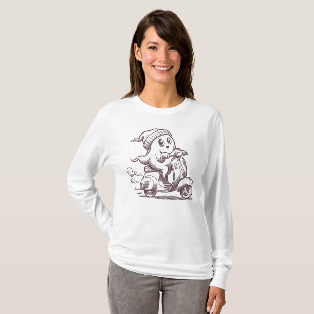 Ett litet spöke som kör en skoter t shirt (Hel framsida)