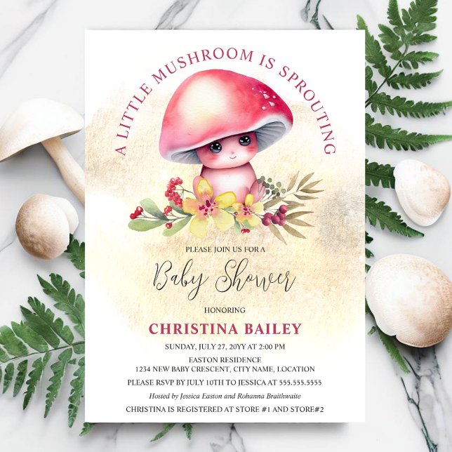 Ett litet svamprum är en babystövel. inbjudningar (Cute and adorable mushroom baby shower invitation that is gender neutral in colors.  A fun invite!)