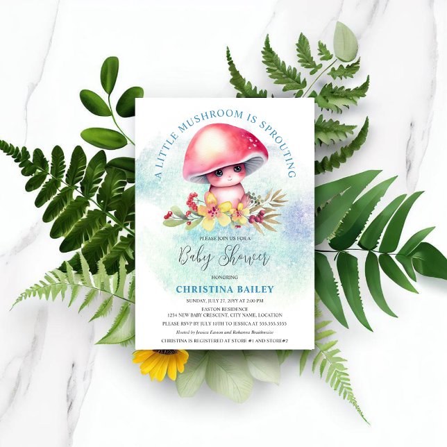 Ett litet svamprum är en babystövel. inbjudningar (Cute little watercolor mushroom sprouting baby boy shower invitation.)