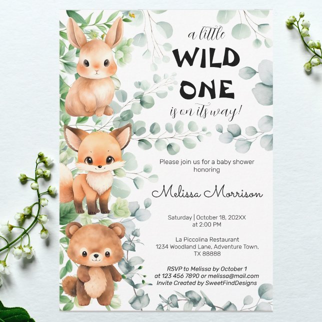 Ett litet Vild 1-djur Eucalyptus Baby Shower Inbjudningar (A Little Wild One Animals Eucalyptus Baby Shower Invitation)