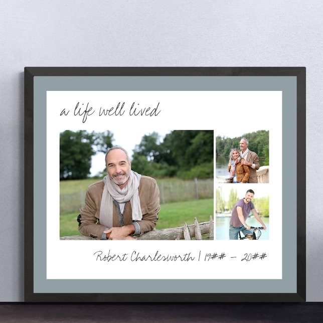 Ett livligt levande Avslappnad-skript 3 fotobegrav Poster (Funeral memorial poster to order professionally printed or as a printable digital download)