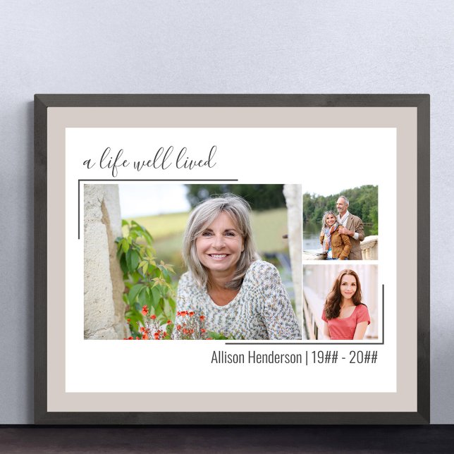 Ett livligt levande Elegant-skript 3 fotobegraver Poster (Funeral memorial poster to order professionally printed or as a printable digital download)
