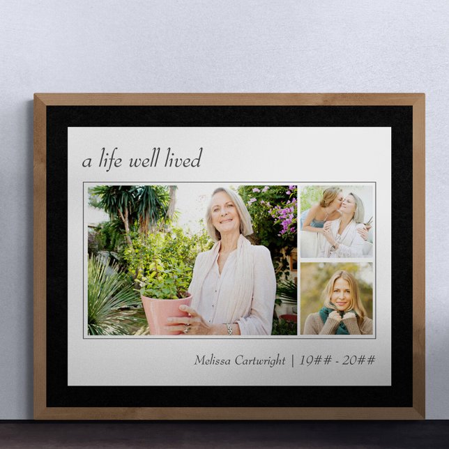 Ett livligt levande Elegant-skript 3 fotobegraver Poster (Funeral memorial poster to order professionally printed or as a printable digital download)