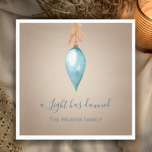 Ett ljus har gått upp | Vattensfärgad Anpassningsb Pappersservett (Customize my original minimalist watercolor blue bauble Christmas dinner napkin. A Light has dawned.)