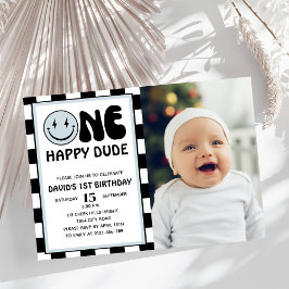 Ett Lycklig, Blue Lycklig Ansikte Boy Birthday Pho Inbjudningar